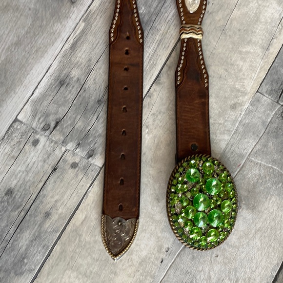 Green Rinestone Y2K Vintage Swarovski Crystal Western Leather Belt Size 36 - Picture 8 of 13